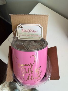 Lilly Pulitzer Pink Tumbler with Gold Script Insulated Stemless